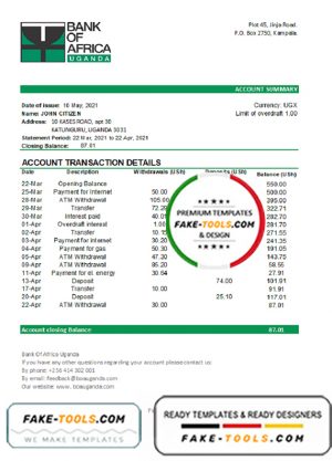 Uganda Bank of Africa bank statement template in .xls and .pdf file format