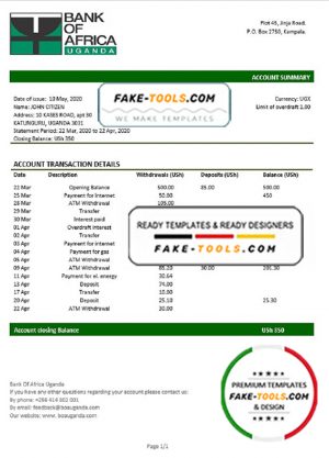 Uganda Bank of Africa proof of address bank statement template in Word and PDF format