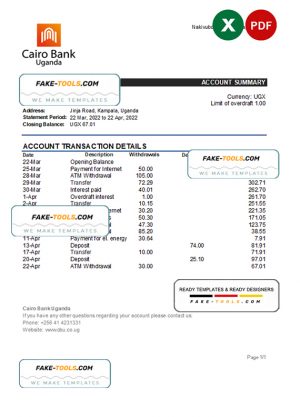 Uganda Cairo bank statement, Excel and PDF template