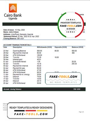Uganda Cairo bank statement template in Word and PDF format