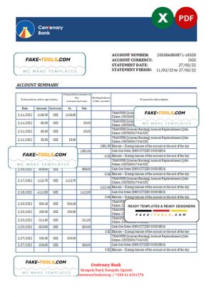 Uganda Centenary bank statement, Excel and PDF template