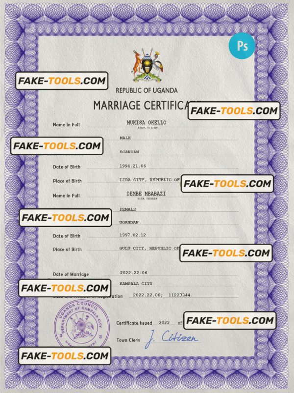 Uganda marriage certificate PSD template, completely editable