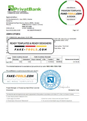 Ukraine Privatbank statement template in Excel and PDF format
