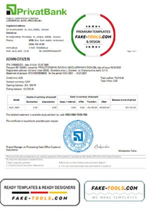 Ukraine Privatbank statement template in Word and PDF format