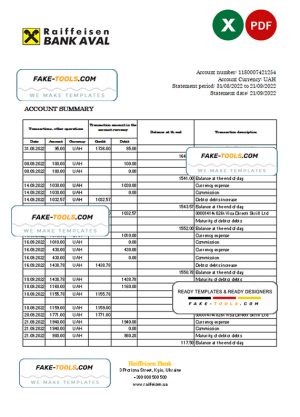 Ukraine Raiffeisen bank statement, Excel and PDF template