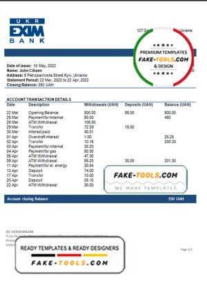 Ukraine Ukreximbank Bank statement template, Word and PDF format (.doc and .pdf)