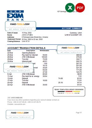 Ukraine Ukreximbank bank statement, Excel and PDF template