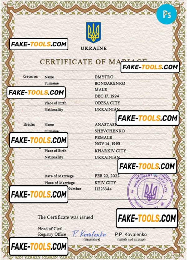 Ukraine marriage certificate PSD template, fully editable