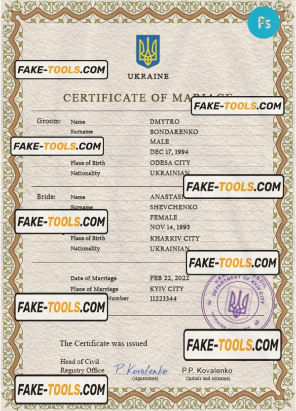 Ukraine marriage certificate PSD template, fully editable