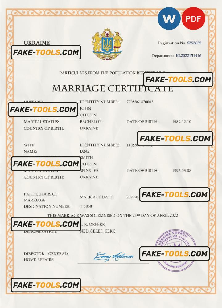 Ukraine marriage certificate Word and PDF template, completely editable scan effect