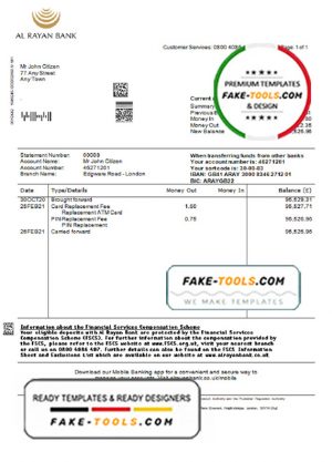 United Kingdom Al Rayan bank statement template in Word and PDF format