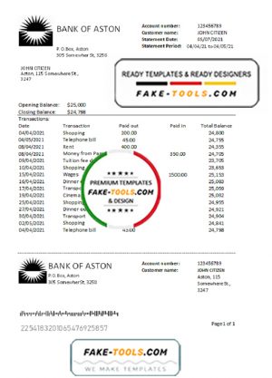 United Kingdom Bank of Aston bank statement easy to fill template in Excel and PDF format