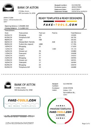 United Kingdom Bank of Aston bank statement template in Word and PDF format, good for address prove