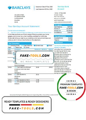 United Kingdom Barclays bank account statement template in Excel and PDF format, version 1