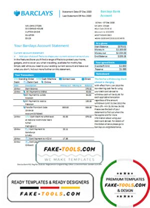 United Kingdom Barclays bank account statement template in Word and PDF format, version 1