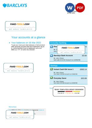 United Kingdom Barclays bank statement, Word and PDF template, 4 pages, version 2