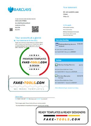 United Kingdom Barclays bank statement template in .xls and .pdf format, version 2