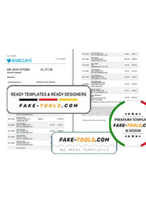 United Kingdom Barclays bank statement template in Excel and PDF format, version 3 (2 pages)