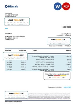 United Kingdom Bitwala bank statement, Word and PDF template