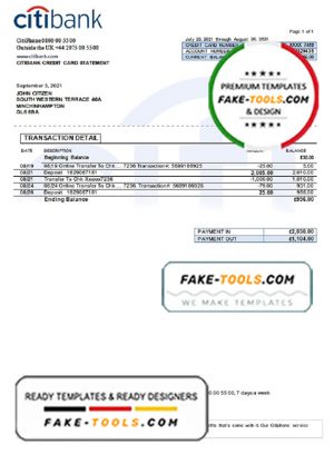 United Kingdom Citibank bank statement template in .doc and .pdf format