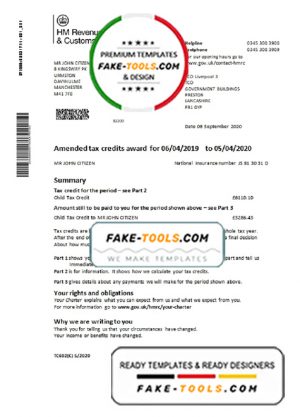 United Kingdom HM Revenue & Customs tax credits award statement template in Word and PDF format (.doc and .pdf)