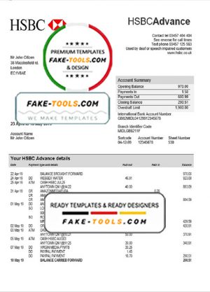 United Kingdom HSBC bank proof of address statement template in PSD format, fully editable