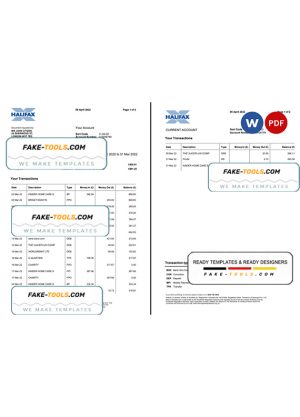 United Kingdom Halifax bank statement Word and PDF template, 2 pages, version 2