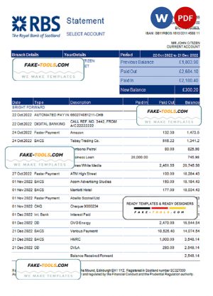 United Kingdom Royal Bank of Scotland (RBS) bank statement
