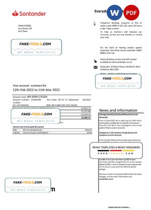 United Kingdom Santander bank statement, Word and PDF template, 3 pages