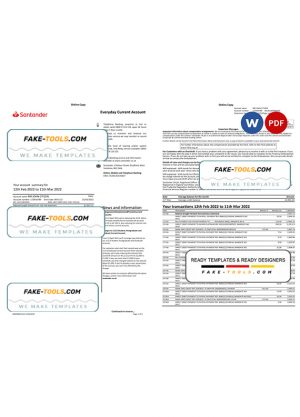 United Kingdom Santander bank statement Word and PDF template, 3 pages