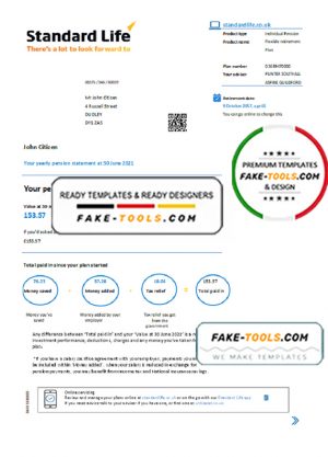 United Kingdom Standard Life proof of address pension statement in Excel and PDF (.xls and .pdf) format