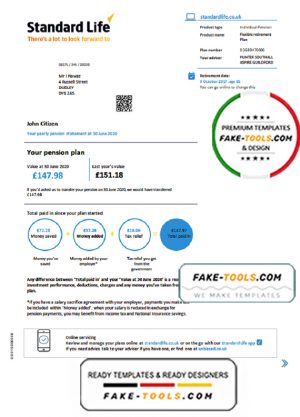 United Kingdom Standard Life proof of address pension statement in Word and PDF (.doc and .pdf) format