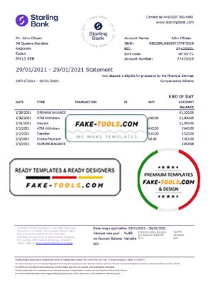 United Kingdom Starling bank statement template in .xls and .pdf file format, good for address prove