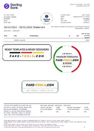 United Kingdom Starling bank statement template in Word and PDF format, good for address prove