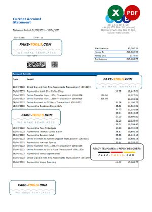 United Kingdom TSB bank statement, Excel and PDF template