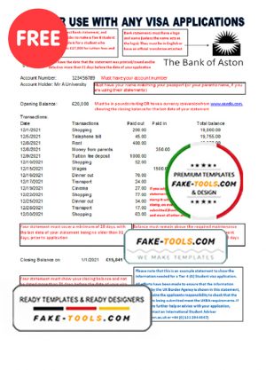 United Kingdom The Bank of Aston bank statement template in Excel and PDF format