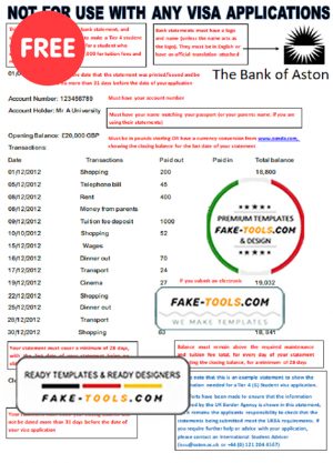 United Kingdom The Bank of Aston bank statement template in Word format