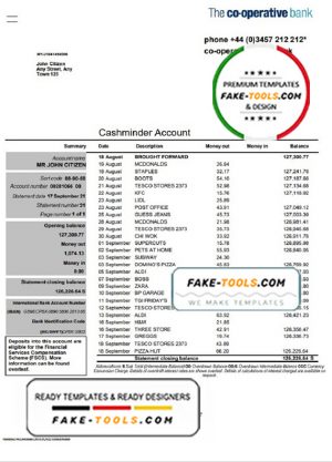 United Kingdom The Co-operative bank statement in Word and PDF format