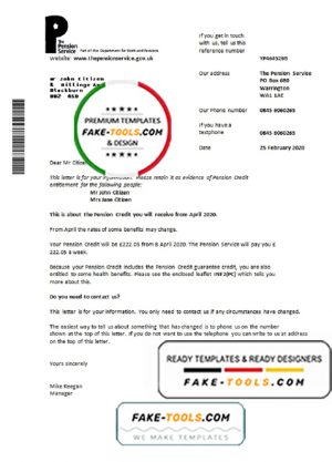 United Kingdom The Pension Service bank proof of address statement template in Word and PDF format