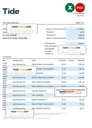 United Kingdom Tide bank statement, Excel and PDF template