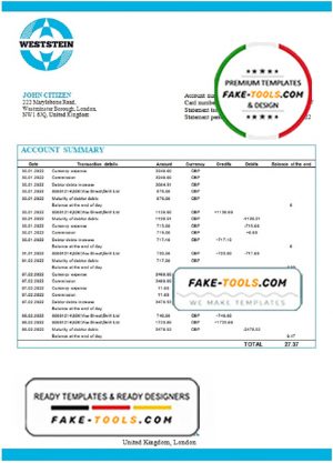 United Kingdom WestStein Bank statement template in Excel and PDF format
