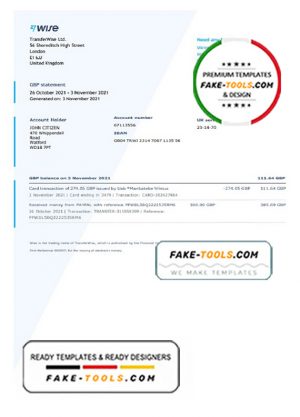 United Kingdom Wise bank statement template in Word and PDF format