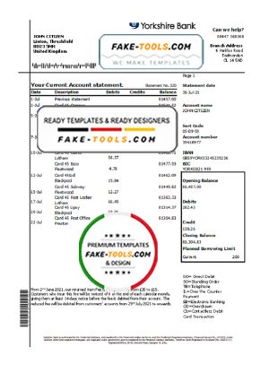 United Kingdom Yorkshire Bank statement easy to fill template in Excel and PDF format