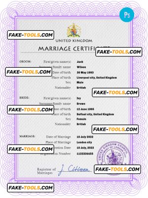 United Kingdom marriage certificate PSD template, fully editable