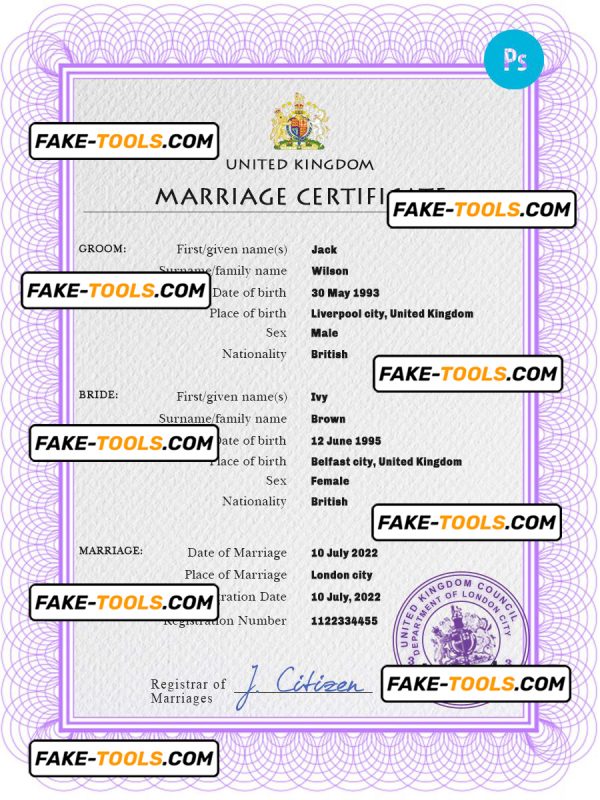 United Kingdom marriage certificate PSD template, fully editable
