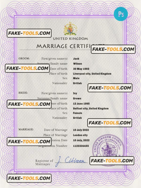 United Kingdom marriage certificate PSD template, fully editable