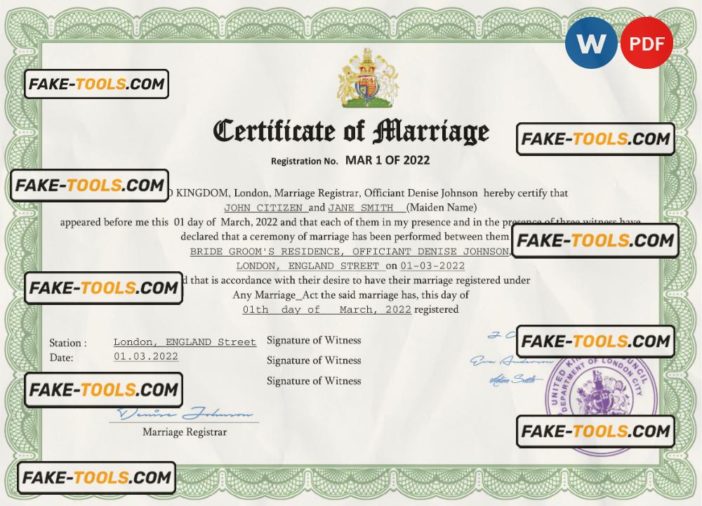 United Kingdom marriage certificate Word and PDF template, fully editable scan effect