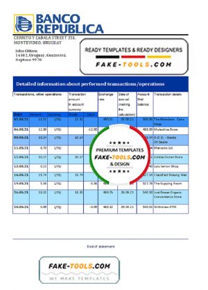 Uruguay Banco De La Republica Oriental Del Uruguay bank statement template in Excel and PDF format