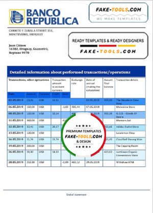 Uruguay Banco de la República Oriental del Uruguay bank statement template in Word and PDF format, good for address prove