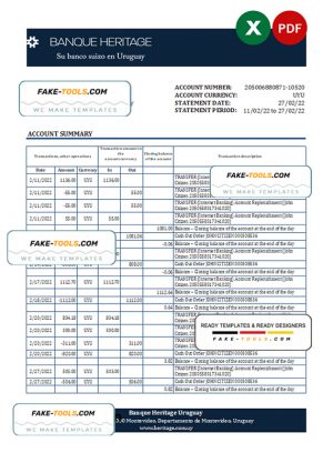 Uruguay Banque Hertage bank statement, Excel and PDF template